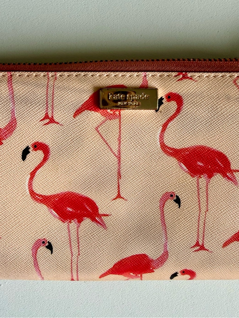 Kate Spade Pink Flamingo Print Zip Wallet with Gold Plate - Picture 3 of 7